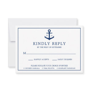 Navy Blue Anchor Monogram Nautical Wedding RSVP Card