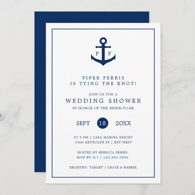 Navy Blue Anchor Monogram Nautical Wedding Shower Invitation (Front/Back)