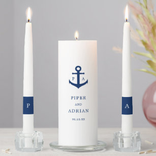 Navy Blue Anchor Monogram Nautical Wedding Unity Candle Set