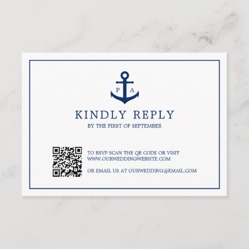 Navy Blue Anchor Monogram QR Code Nautical Wedding RSVP Card