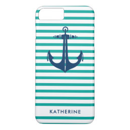 Navy Blue Anchor Monogram Teal Stripe iPhone 8 Plus/7 Plus Case