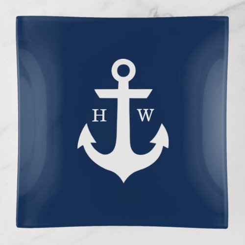 Navy Blue Anchor Monogram Trinket Tray