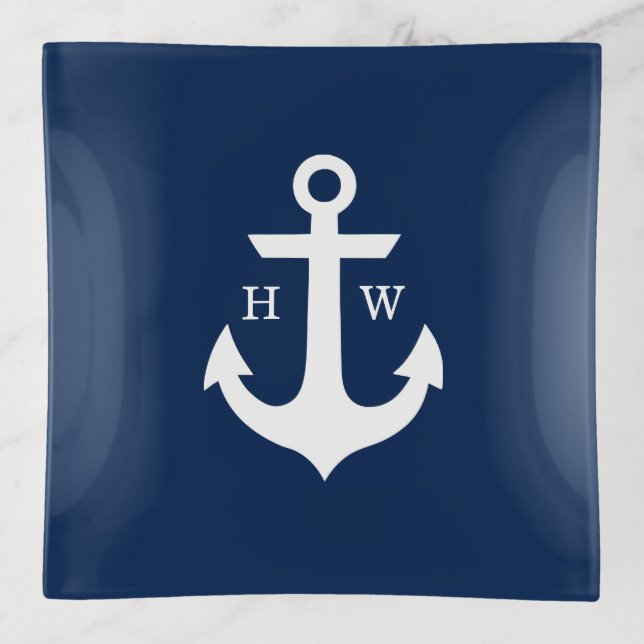 Navy Blue Anchor Monogram Trinket Tray (Front)