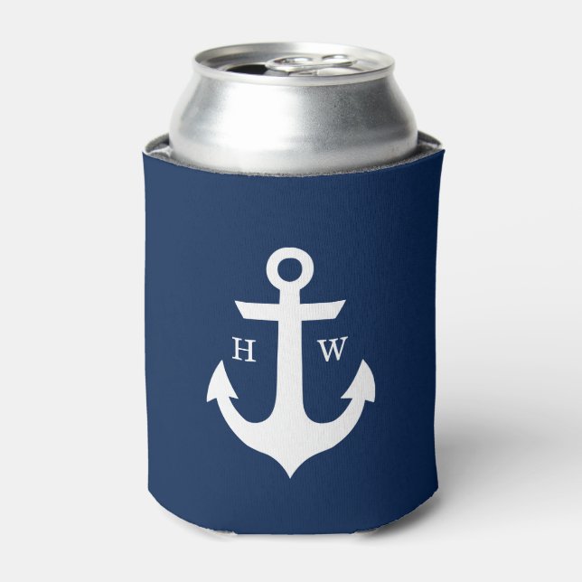 Navy Blue Anchor Monogrammed Can Cooler (Can Front)