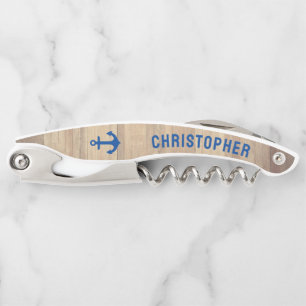 Navy Blue Anchor Natural Wood Custom Name Waiter's Corkscrew