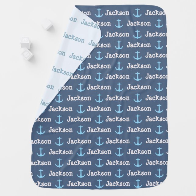 Navy Blue Anchor Nautical Baby Boy Name  Baby Blanket (In Situ)