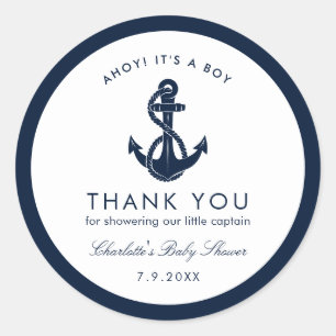 Navy Blue Anchor Nautical Baby Shower Thank You Classic Round Sticker