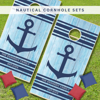 Navy Blue Anchor Nautical Beach House Name Wood Cornhole Set