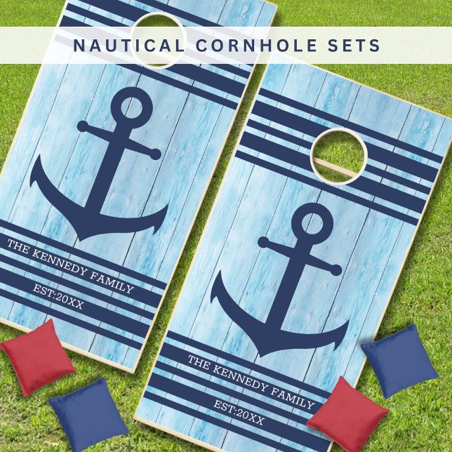 Navy Blue Anchor Nautical Beach House Name Wood Cornhole Set (Navy Blue Anchor Nautical Beach House Name Wood Cornhole Set
)