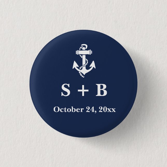 Navy Blue Anchor Nautical Beach Ocean Wedding  Button (Front)