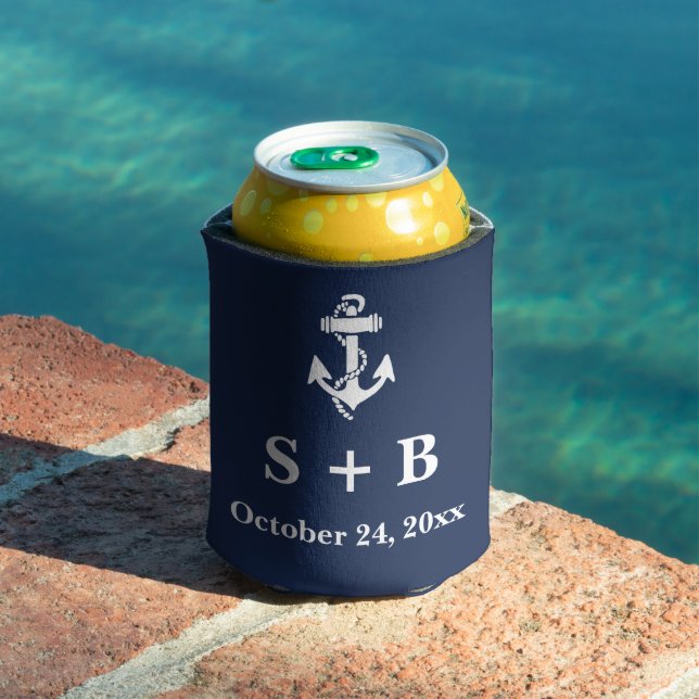 Navy Blue Anchor Nautical Beach Ocean Wedding  Can Cooler (In Situ Pool)
