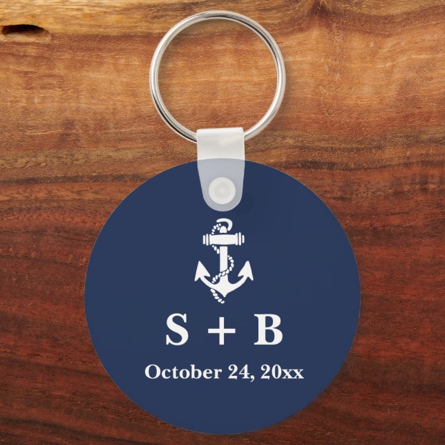 Navy Blue Anchor Nautical Beach Ocean Wedding  Keychain (Front)