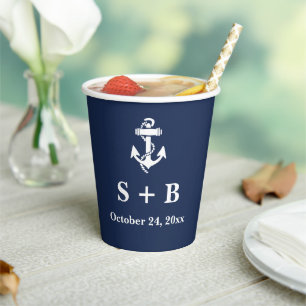 Navy Blue Anchor Nautical Beach Ocean Wedding Paper Cups