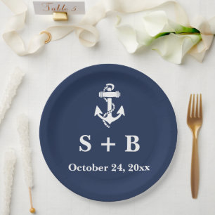 Navy Blue Anchor Nautical Beach Ocean Wedding Paper Plates