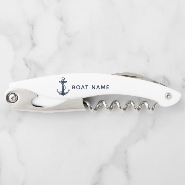 Navy Blue Anchor Nautical Boat Name Custom Waiter's Corkscrew (Front)