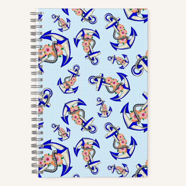 Navy Blue Anchor Nautical Floral Light Blue Notebook (Front)