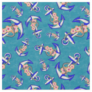 Navy Blue Anchor Nautical Floral on Blue Fabric