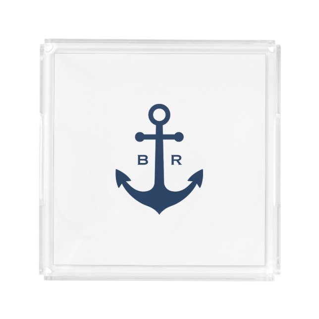 Navy Blue Anchor Nautical Monogram Acrylic Tray (Front)