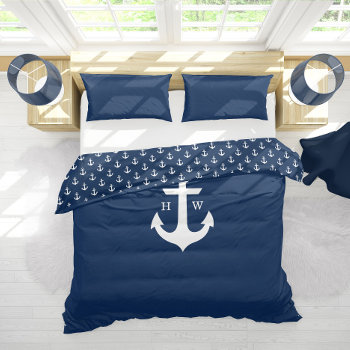 Navy Blue Anchor Nautical Monogram Duvet Cover by heartlockedhome at Zazzle