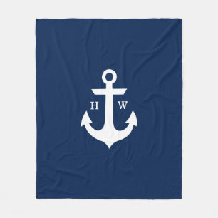 Navy Blue Anchor Nautical Monogram Fleece Blanket