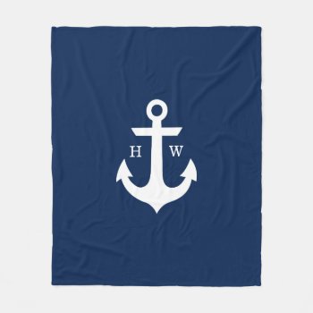 Navy Blue Anchor Nautical Monogram Fleece Blanket by heartlockedhome at Zazzle