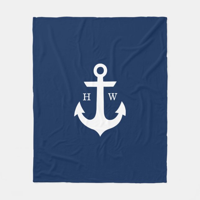 Navy Blue Anchor Nautical Monogram Fleece Blanket (Front)