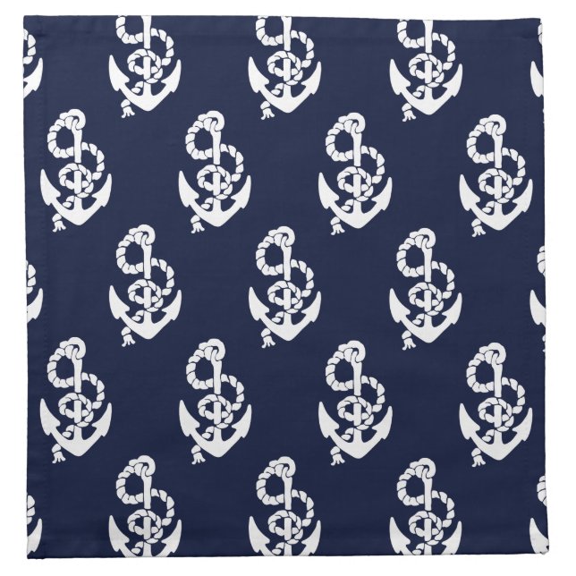 Navy Blue Anchor Nautical Pattern Cloth Napkin (Front)