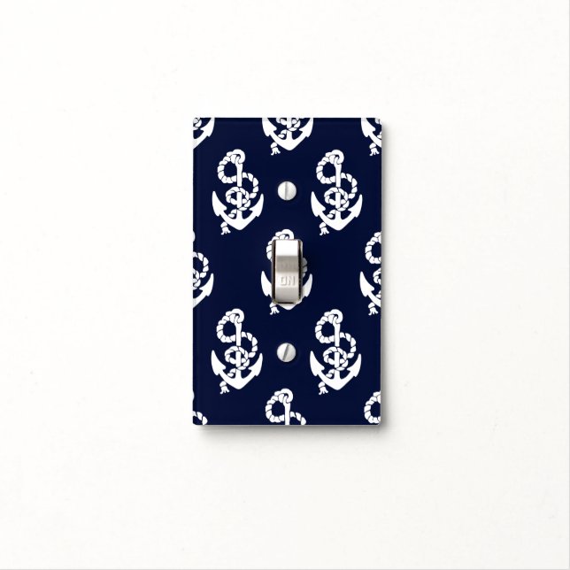 Navy Blue Anchor Nautical pattern Light Switch Cover (In Situ)