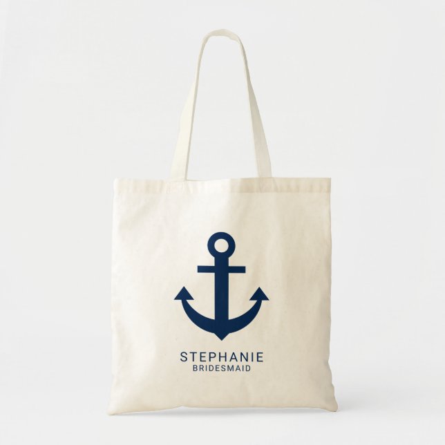 Navy Blue Anchor Nautical Personalized Bridesmaid Tote Bag (Front)