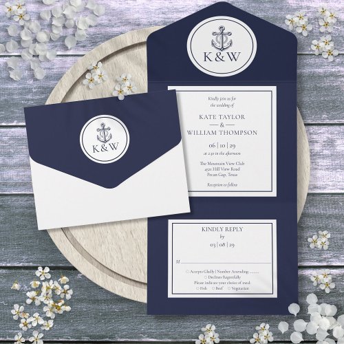 Navy Blue Anchor Nautical Wedding All In One Invitation