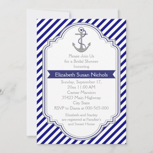 Navy blue anchor nautical wedding bridal shower personalized invitations
