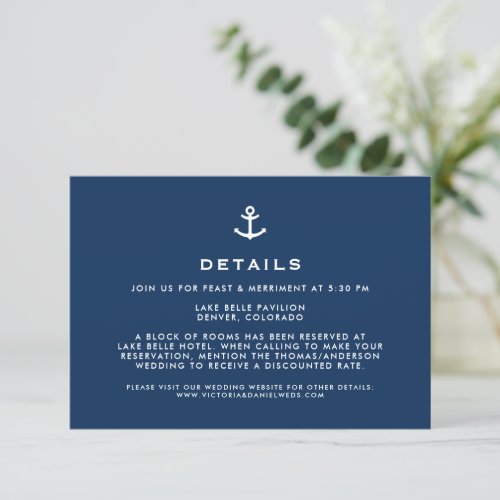 Navy Blue Anchor Nautical Wedding Details Enclosure Card