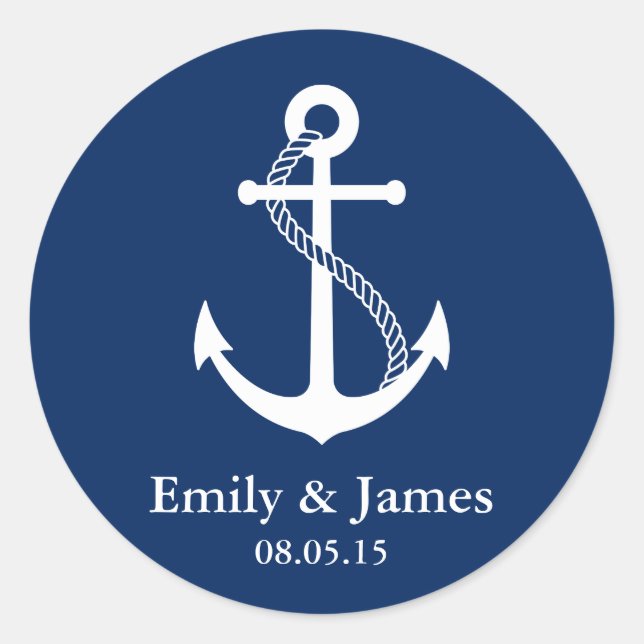Navy Blue Anchor Nautical Wedding Favor Classic Round Sticker (Front)