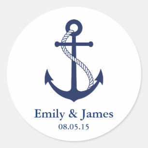 Navy Blue Anchor Nautical Wedding Favor Classic Round Sticker