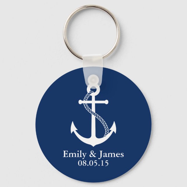 Navy Blue Anchor Nautical Wedding Favor Keychain (Front)