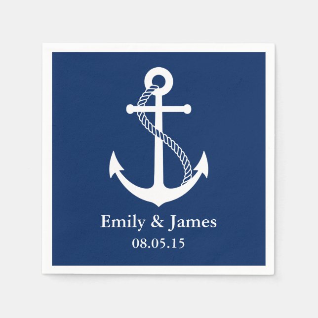 Navy Blue Anchor Nautical Wedding Napkins (Front)