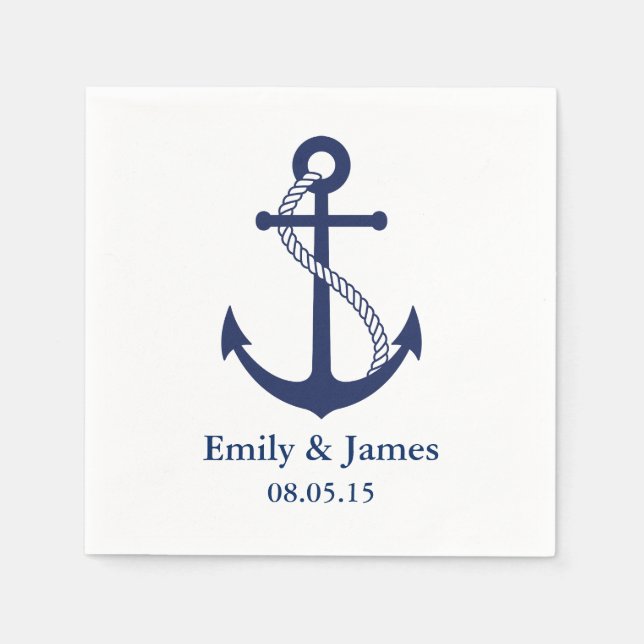 Navy Blue Anchor Nautical Wedding Paper Napkins (Front)