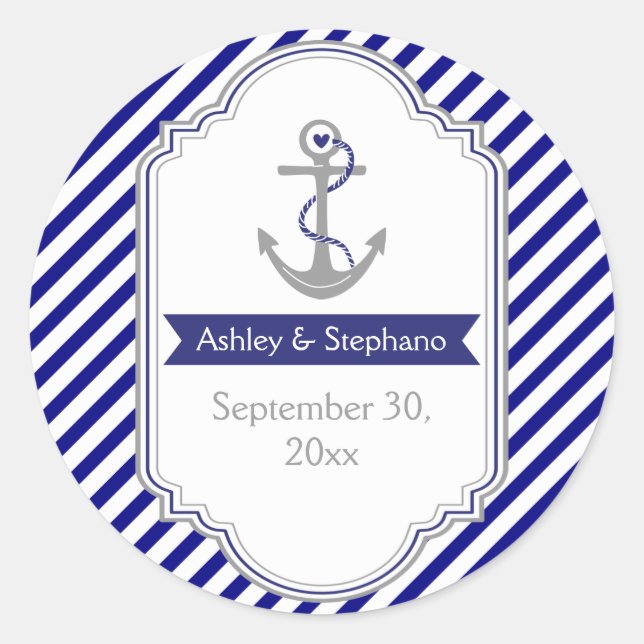 Navy blue anchor nautical wedding Save the Date Classic Round Sticker (Front)