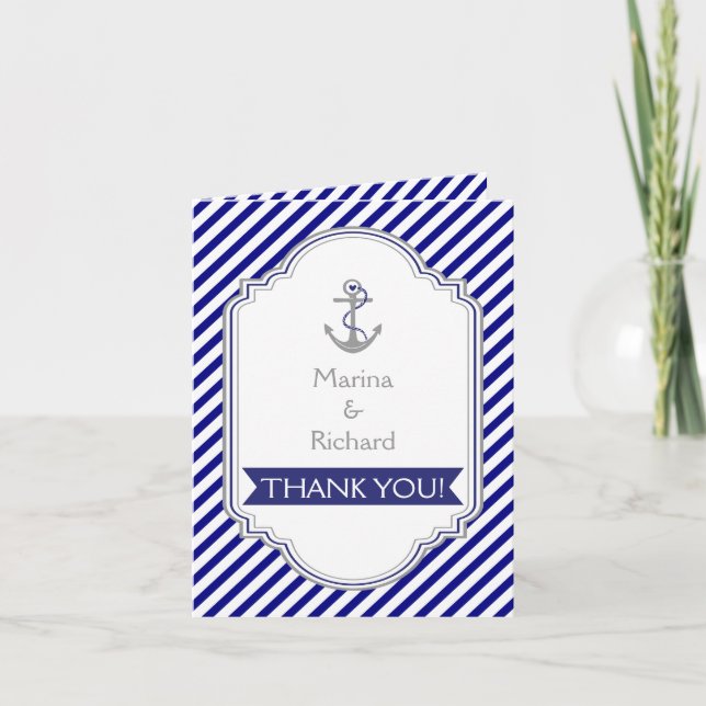 Navy blue anchor nautical wedding Thank You (Front)