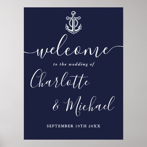 Navy Blue Anchor Nautical Wedding Welcome Sign