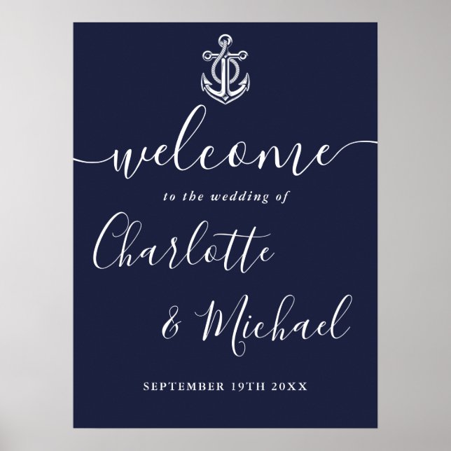 Navy Blue Anchor Nautical Wedding Welcome Sign (Front)