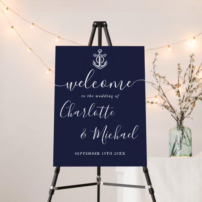 Navy Blue Anchor Nautical Wedding Welcome Sign (In Situ (Stand))