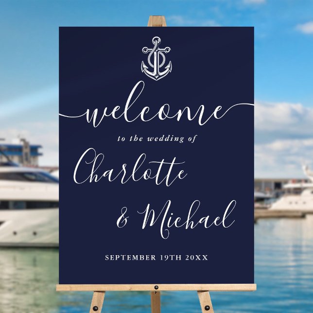 Navy Blue Anchor Nautical Wedding Welcome Sign (Navy Blue Anchor Nautical Wedding Welcome Sign)