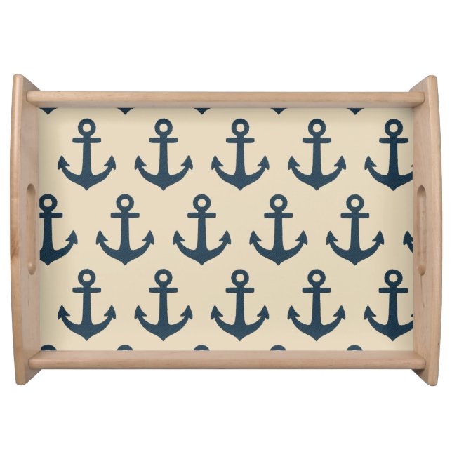 Navy Blue Anchor on Beige Coastal Decor pattern Serving Tray (Front)