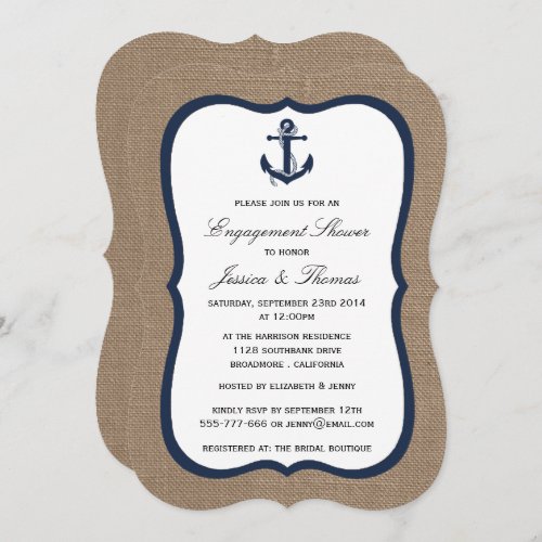 Navy Blue Anchor On Burlap Nautical Engagement Invitation