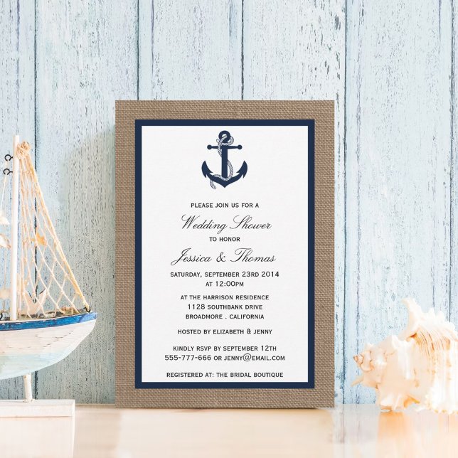 Navy Blue Anchor On Burlap Nautical Wedding Shower Invitation (Creator Uploaded)