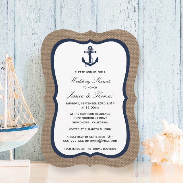 Navy Blue Anchor On Burlap Nautical Wedding Shower Invitation (Creator Uploaded)