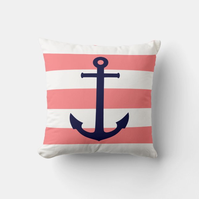 Navy Blue Anchor On Flamingo Pink Stripes Throw Pillow (Front)