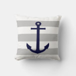 Navy Blue Anchor On Gray And White Stripes Throw Pillow at Zazzle