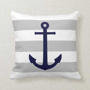 Navy Blue Anchor On Gray And White Stripes Throw Pillow by RewStudio at Zazzle